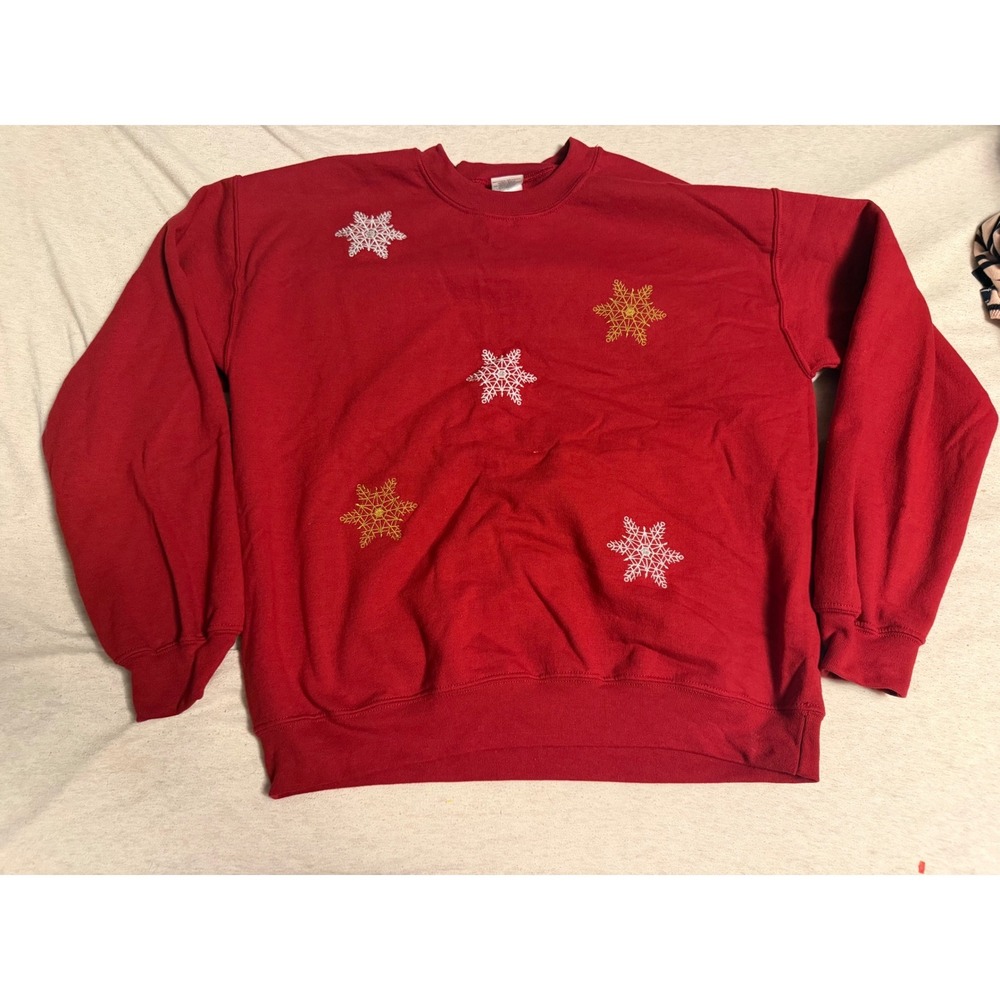 Granny Core Red Snowflake Embroidered Sweatshirt Crewneck Medium Holiday